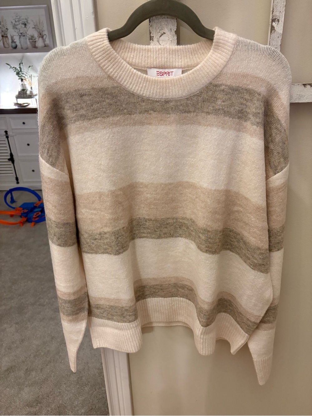 Esprit Cream, Beige and Taupe Striped Crew Neck Sweater